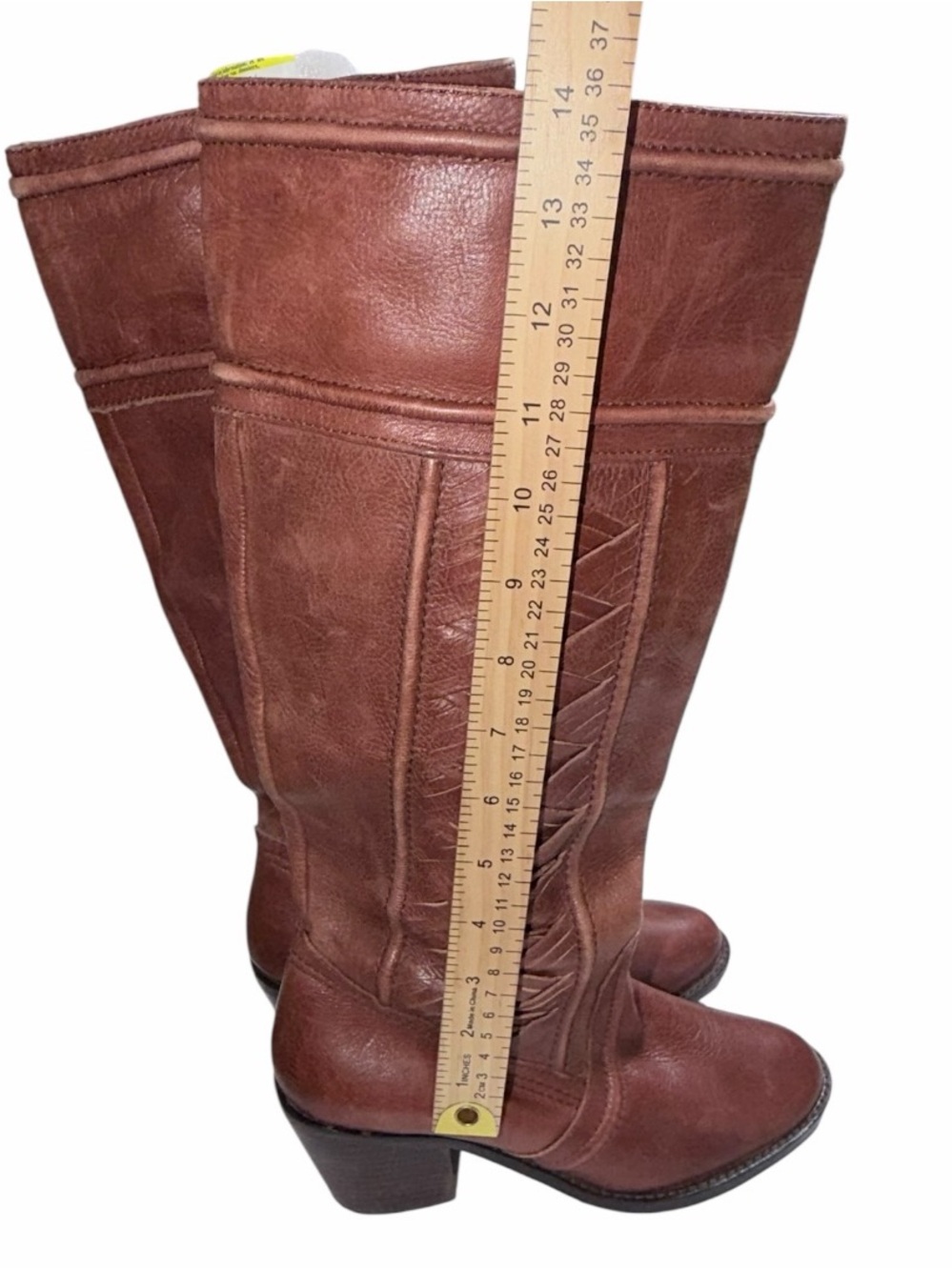 Vtg Fossil Brown Leather Knee High Boots Woven Western Boho Block Heel Size 8 - Picture 9 of 11